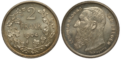 БЕЛЬГИЯ 2 ФРАНКА 1904 ЛЕОПОЛЬД II (1865-1909), BELGEN KM 59 серебро аUNC 02-264-68