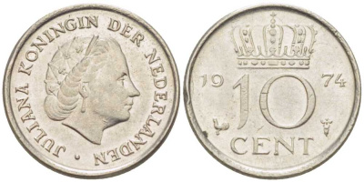 НИДЕРЛАНДЫ 10 ЦЕНТОВ 1974 ЮЛИАНА (1948-1980) KM 182 никель 116-668
