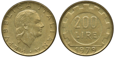 Италия 200 лир 1979 R, шестерня KM 105 алюминиевая бронза 72-933