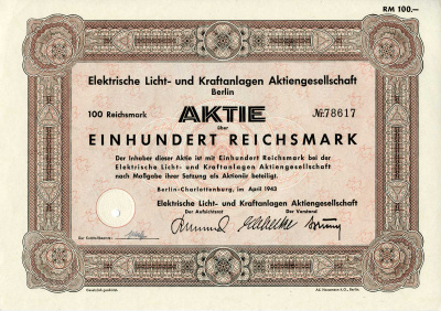 Германия 100 рейхсмарок 1943 АО Электрические осветительные и энергетические установки, Берлин, акция   бумага   8804-64-1