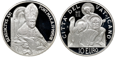 Ватикан 5 евро 2008 Всемирный день молодежи и 10 евро 2008 Всемирный день мира, Бенедикт XVI, в оригинальных коробках с сертификатами KM 406, 407 серебро PROOF 4-3-3-04
