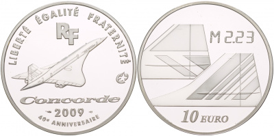 Франция 10 евро 2009 40 лет самолетам Конкорд, превышение скорости звука в 2,23 раза KM NEW серебро PROOF 11-076-11