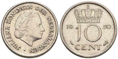 Нидерланды 10 центов 1950 Юлиана (1949-1980) КМ 182 никель 4567-553