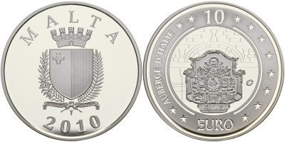 Мальта 10 евро 2010 серия культурное наследие, резиденция рыцарей Мальтийского ордена KM NEW серебро PROOF 11-165-41