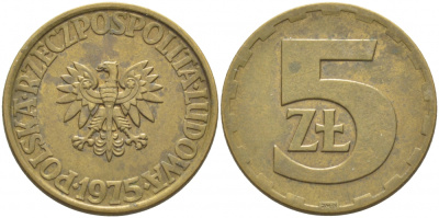 ПОЛЬША 5 ЗЛОТЫХ 1975 ЛЕНИНГРАДСКИЙ МОНДВОР KM 81.1 латунь 3856-811
