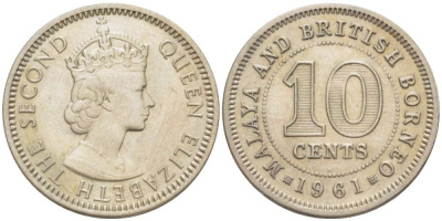 Малайя и Британское Борнео 10 центов 1961 Елизавета II (1952-2022) KM 2 медно-никель 4519-516