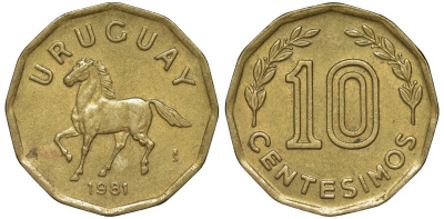 Уругвай 10 сентесимо 1981 KM 66 алюминиевая бронза 4169-538