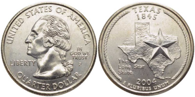 США 25 центов = квотер 2004 P, серия штаты США, Техас KM 357 медь плакированная медно-никелем UNC M50-01