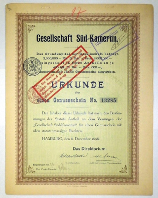 GESELLSCHAFT SUD-KAMERUN - АКЦИОНЕРНОЕ ОБЩЕСТВО ЮЖНОГО КАМЕРУНА 1 АКЦИЯ 1898 ГЕРМАНИЯ бумага 5553-6