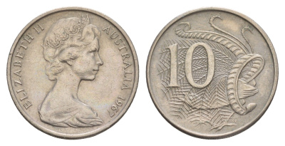 Австралия 10 центов 1967 Елизавета II (1952-2022), птица лирахвост KM 65 медно-никель 4657-135