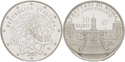Италия 10 евро 2007 50 лет Римскому договору KM 295 серебро PROOF 01-143-23