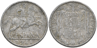 Испания 10 сентимо 1941 ВСАДНИК, Франсиско Франко (1939-1975) KM 766 алюминий 4571-1113