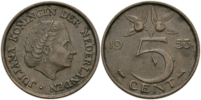Нидерланды 5 центов 1953 Юлиана (1948-1980) KM 181 бронза 95-254