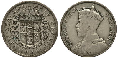 Новая Зеландия 1/2 кроны 1934 Георг V (1910-1936) KM 5 серебро 272-834