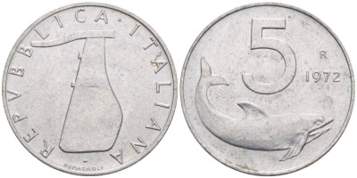 ИТАЛИЯ 5 ЛИР 1972 R, ДЕЛЬФИН, РУЛЬ KM 92 алюминий 4551-125
