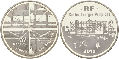 Франция 10 евро 2010 центр  Жоржа Помпиду KM 1686 серебро PROOF 01-165-22