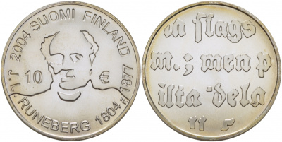 Финляндия 10 евро 2004 200 лет со дня рождения Йохана Людвига Рунеберга, поэт KM 115 серебро  UNC  1077-6-51