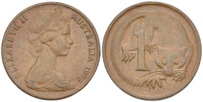 Австралия 1 цент 1973 Елизавета II (1952-2022), молодой портрет, опоссум KM 62 бронза 4516-631