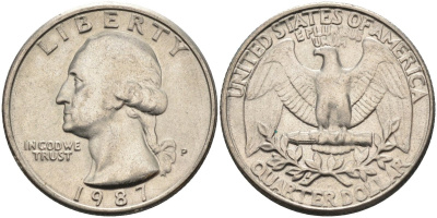 США 25 центов = квотер 1987 P, Вашингтон KM A164a медь плакированная медно-никелем 4584-1235