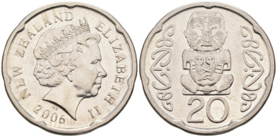 Новая Зеландия 20 центов 2006 Елизавета II (1952-2022), идол Пукаки KM 118а никелированная сталь 4579-1141