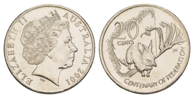 Австралия 20 центов 2001 Столетие Федерации - Западная Австралия KM 562 медно-никель UNC 4652-524
