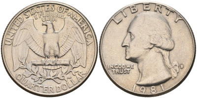 США 25 центов = квотер 1981 D, Вашингтон KM A164a медь плакированная медно-никелем 92-1225