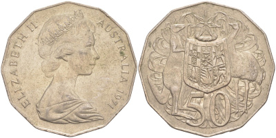 Австралия 50 центов 1971 Елизавета II (1952-2022), герб Австралии, кенгуру KM 68 медно-никель 4512-712