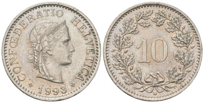 Швейцария 10 раппенов 1993 B KM 27 медно-никель 220-1168