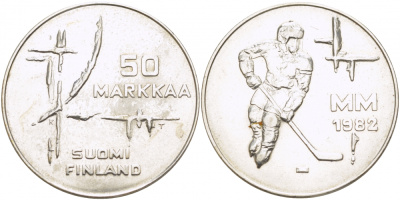 Финляндия 50 марок 1982 K-T, чемпионат мира по хоккею KM 60 серебро UNC 1515-1314