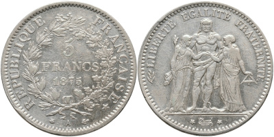 Франция 5 франков 1875 А, Геракл с богинями равенства и братства KM 820.1, LE FRANC 334.14 серебро 413-2125