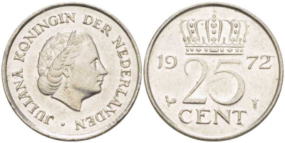 Нидерланды 25 центов 1972 Юлиана (1948-1980) KM 183 никель 214-962