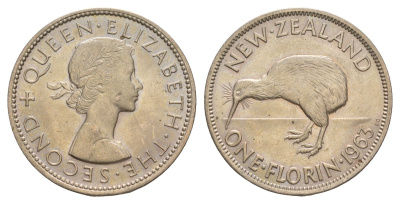 Новая Зеландия 1 флорин = 2 шиллинга 1963 Елизавета II (1952-2022), птичка киви KM 28.2 медно-никель UNC 4650-816