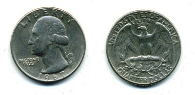 США 25 центов (квотер) 1967 Вашингтон KM 164a медь плакированная медно-никелем 46-1857