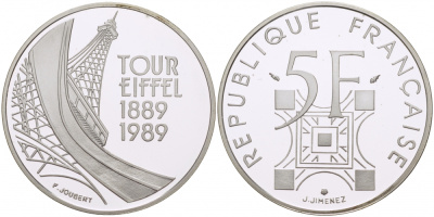 Франция 5 франков 1989 100 лет Эйфелевой башне KM 968a серебро PROOF 1077-7-24