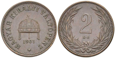 Венгрия 2 филлера 1901 KB, Франц Иосиф I (1848-1916) KM 481 бронза 201-226