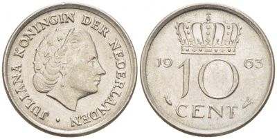 НИДЕРЛАНДЫ 10 ЦЕНТОВ 1963 KM 182 никель 3309-629