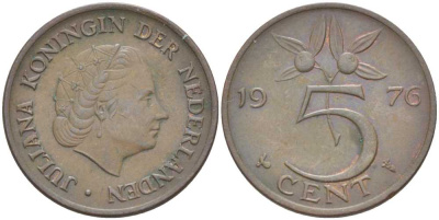 Нидерланды 5 центов 1976 Юлиана (1949-1980) KM 181 бронза 213-1136