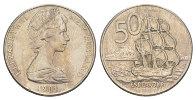 Новая Зеландия 50 центов 1981 Елизавета II (1952-2022), парусник Индевор KM 37 медно-никель 189-811