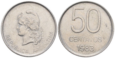 Аргентина 50 сентаво 1983 голова свободы влево KM 90, Schon 90, CJ 367 алюминий    60-1037