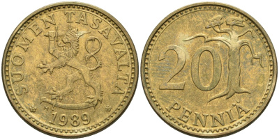 Финляндия 20 пенни 1989 KM 47 алюминиевая бронза 4586-647