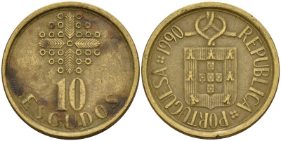 Португалия 10 эскудо 1990 KM 633 никель латунь 4179-624