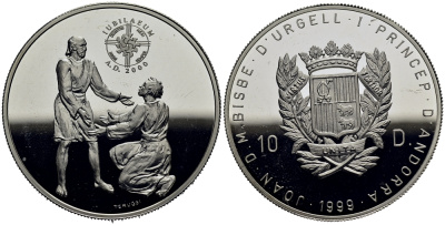 Андорра 10 динеров 1999 серия миллениум, общение с богом KM 159 серебро PROOF 00-000-00