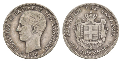 Греция 1 драхма 1873 A, Георг I (1863-1913) KM 38 серебро 1518-1025