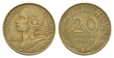 Франция 20 сантимов 1967 KM 930 алюминиевая бронза 4673-1114