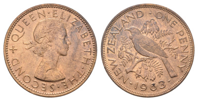 Новая Зеландия 1 пенни 1963 Елизавета II (1952-2022), новозеландский туи KM 24.2 бронза aUNC 4587-341