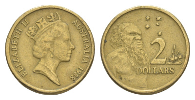 Австралия 2 доллара 1988 абориген, Елизавета II (1952-2022) KM 101 алюминиевая бронза 4525-544