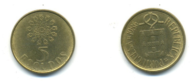 ПОРТУГАЛИЯ 5 ЭСКУДО 1986 KM 632 никель-бронза 176-321