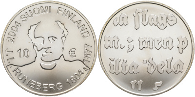 Финляндия 10 евро 2004 200 лет со дня рождения Йохана Людвига Рунеберга, поэт KM 115 серебро  UNC  11-114-13