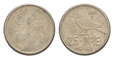 Норвегия 25 эре 1969 Улаф V (1957-1991) KM 407 медно-никель 4632-1242