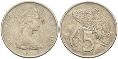 Новая Зеландия 5 центов 1970 Елизавета II (1952-2022), ящерица гаттерия KM 34.1 медно-никель 214-847